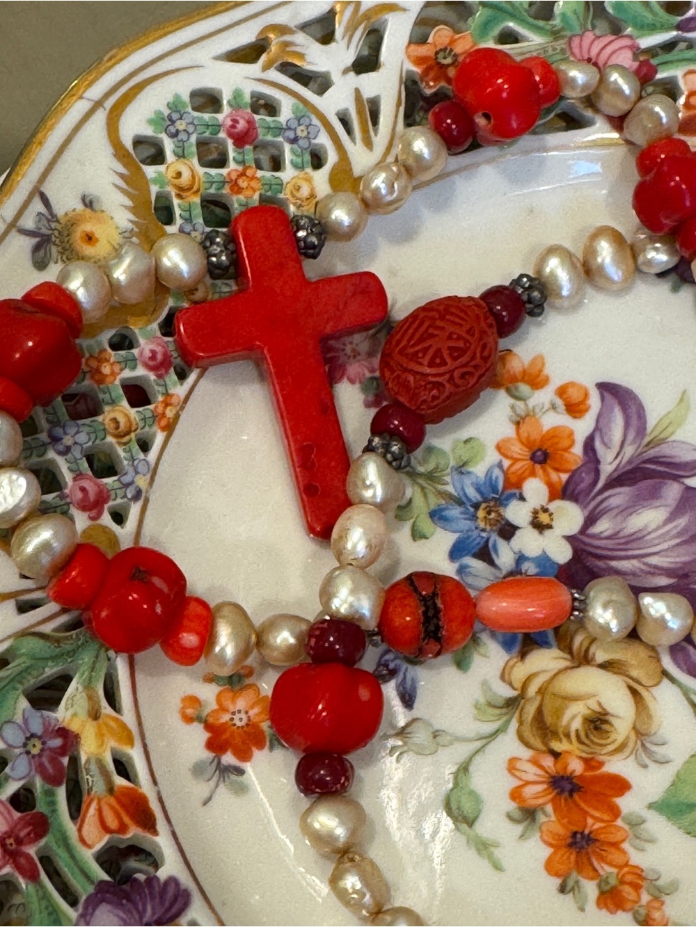 Cross Pearl & Genuine Red Coral Bead Necklace